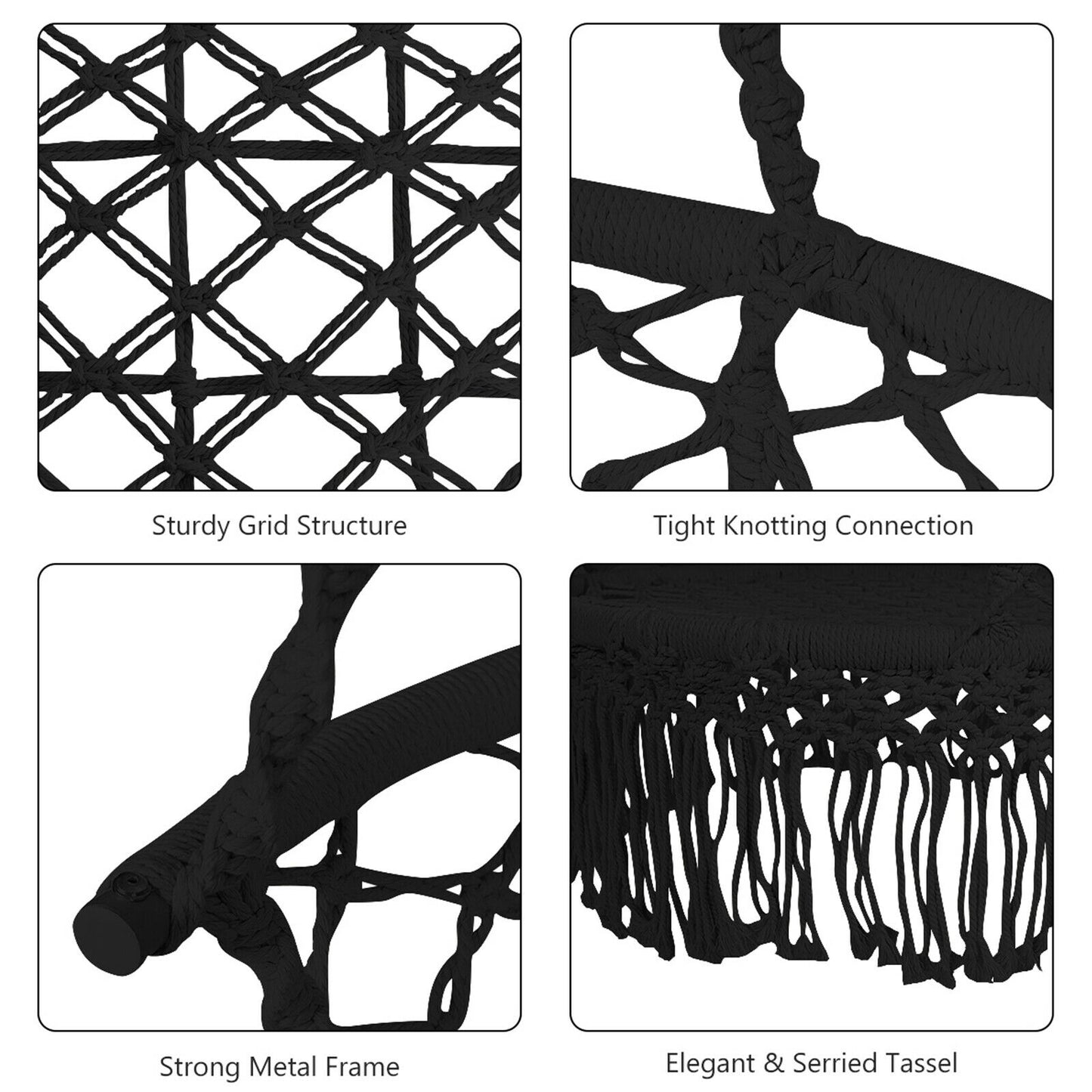 Hanging Hammock Chair Macrame Swing Hand Woven Cotton Backrest-Black
