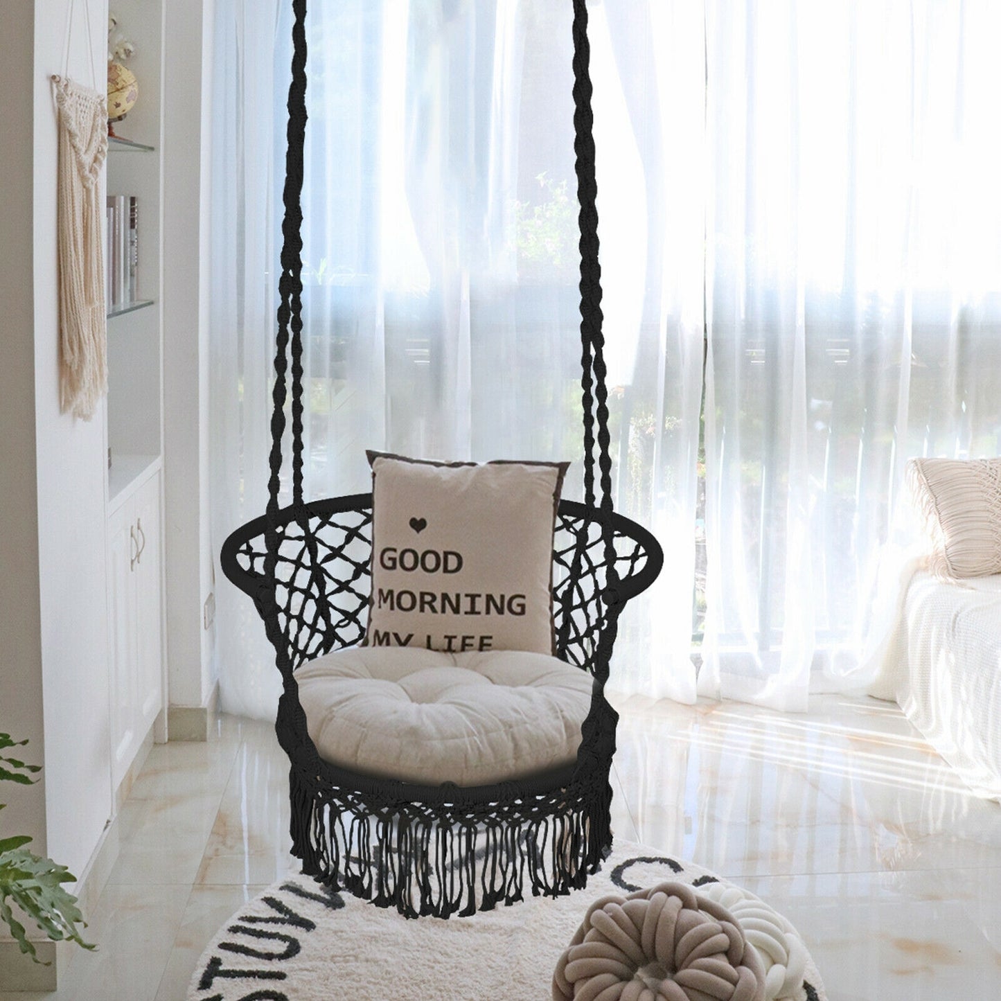 Hanging Hammock Chair Macrame Swing Hand Woven Cotton Backrest-Black