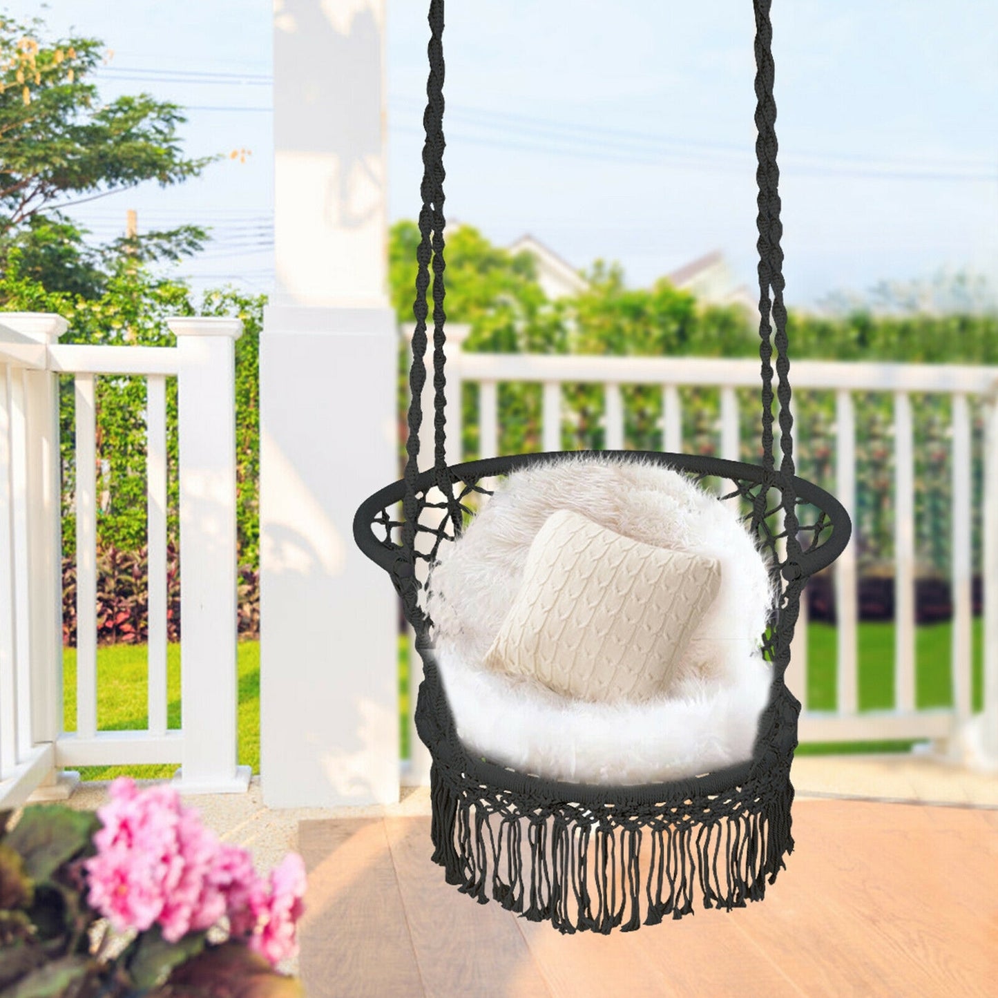 Hanging Hammock Chair Macrame Swing Hand Woven Cotton Backrest-Black