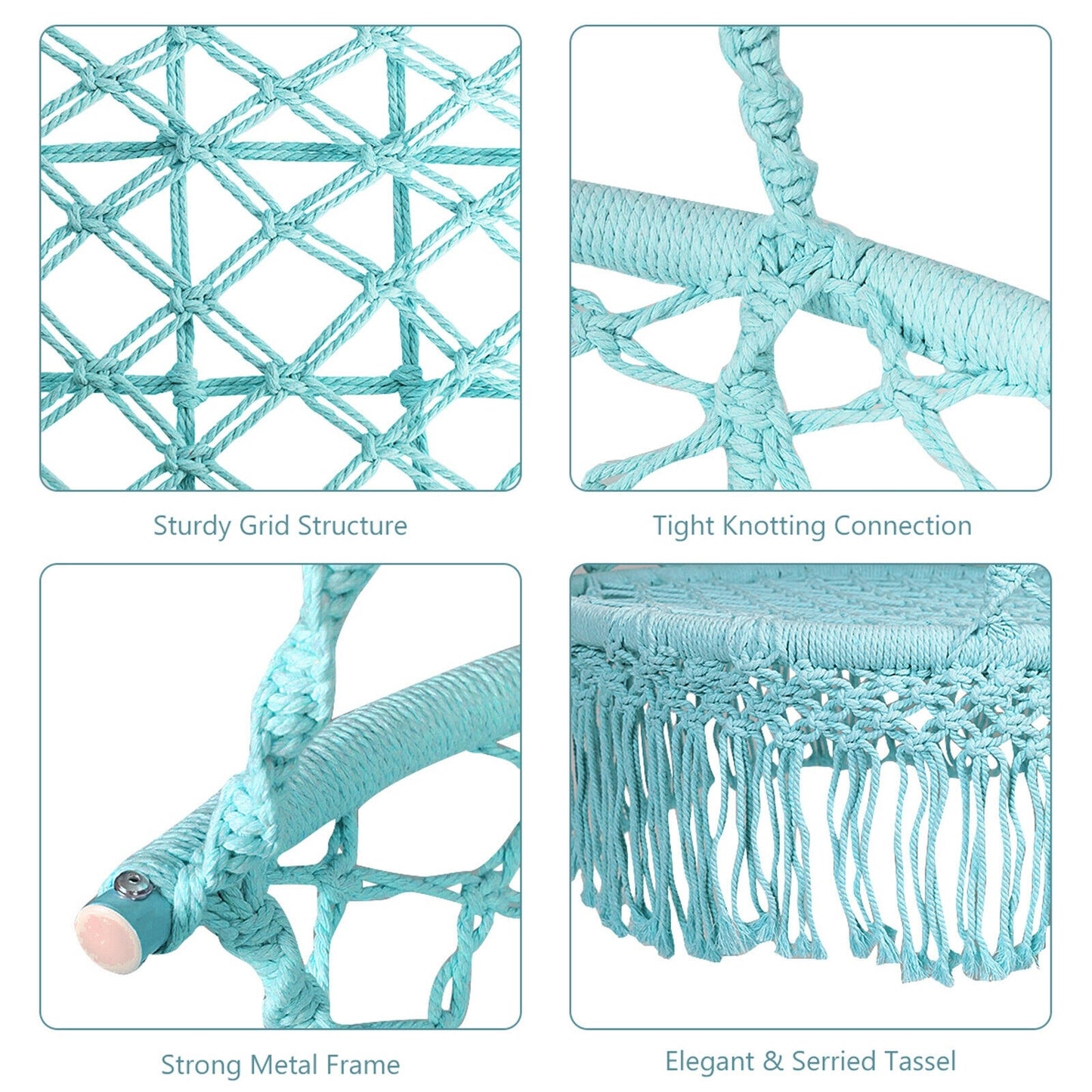 Hanging Hammock Chair Macrame Swing Hand Woven Cotton Backrest-Turquoise