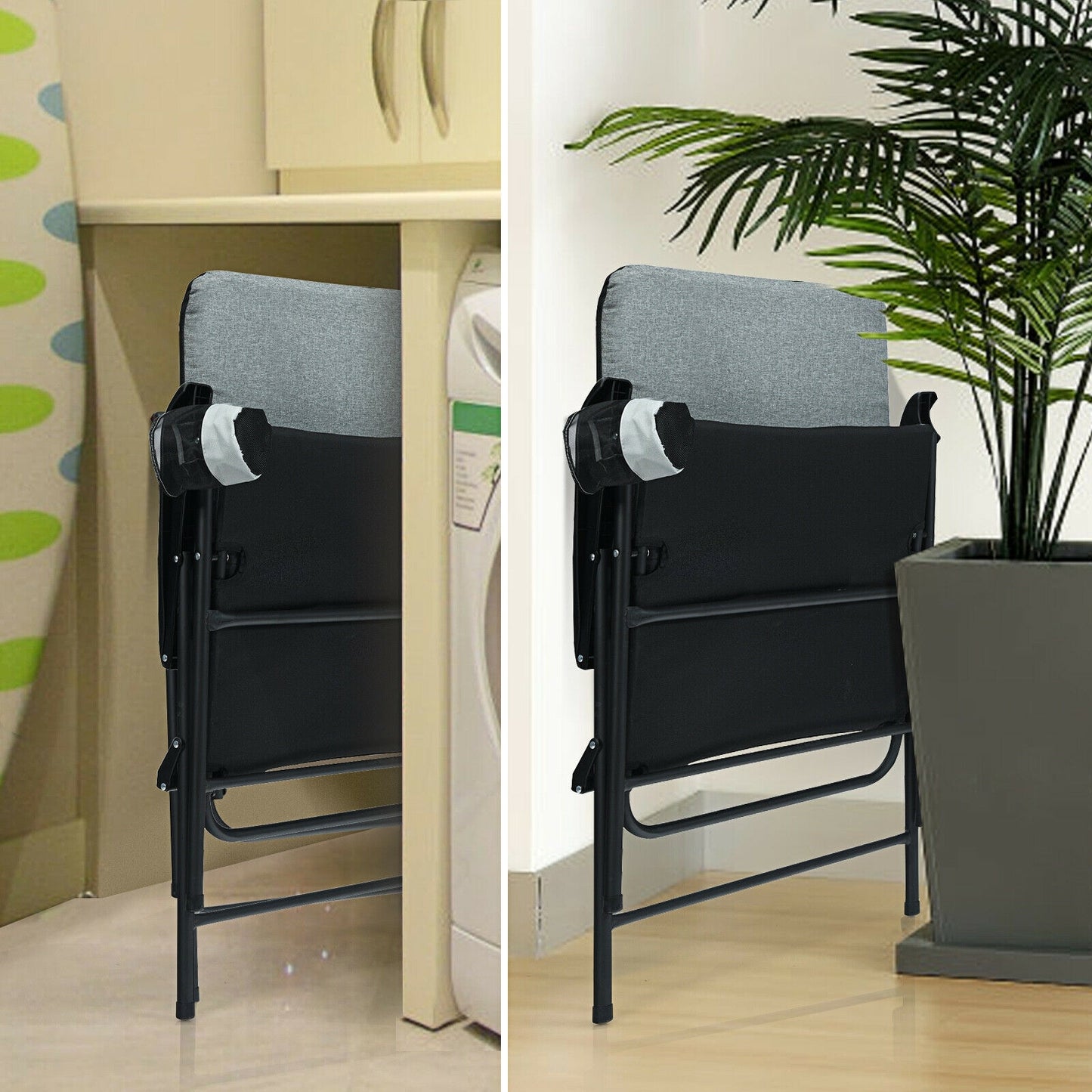 Patio Folding Padded Chair with High Backrest and Cup Holder-Gray