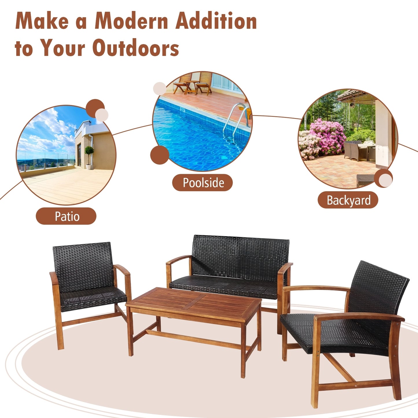 4 Pieces PE Rattan Patio Furniture Set with Acacia Wood