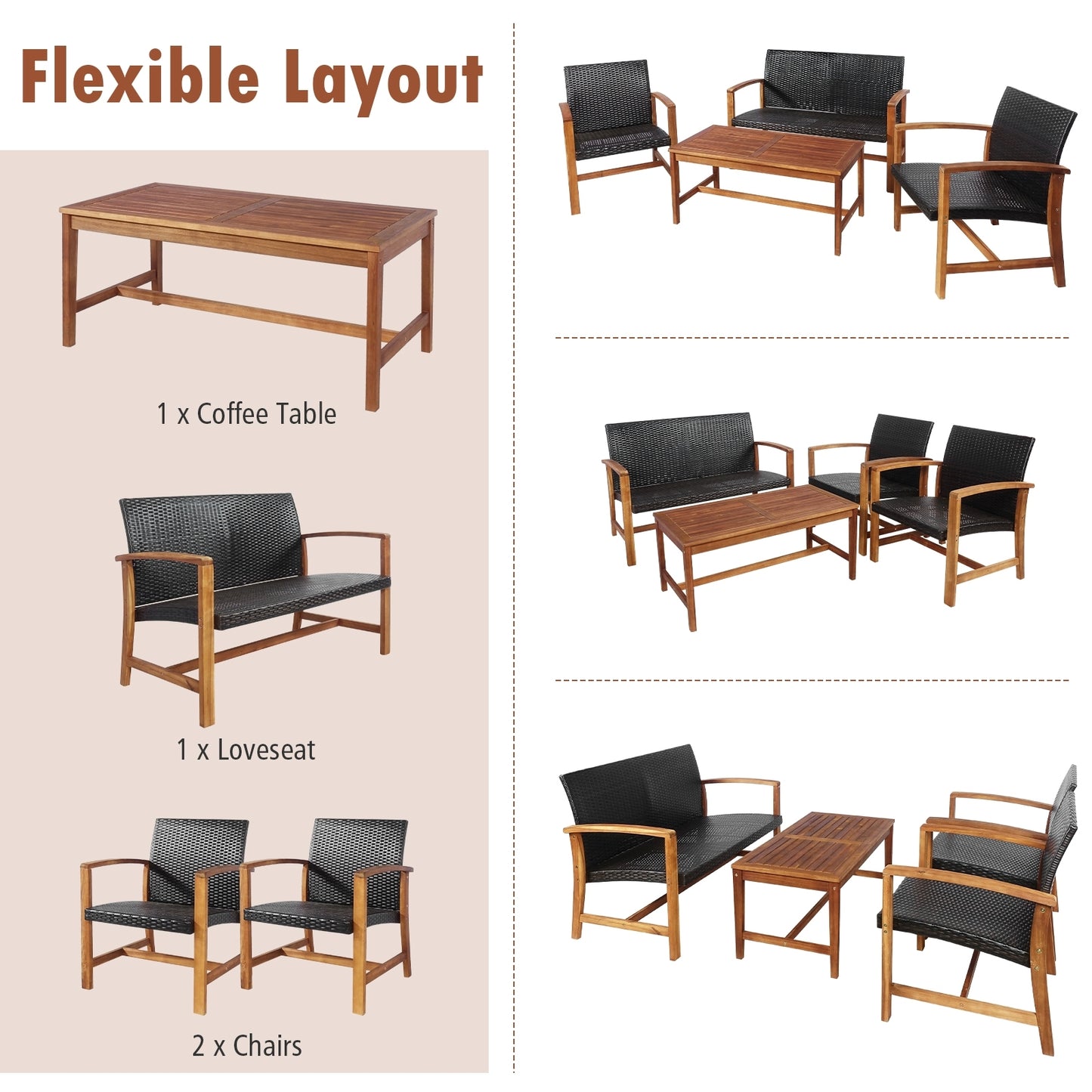 4 Pieces PE Rattan Patio Furniture Set with Acacia Wood