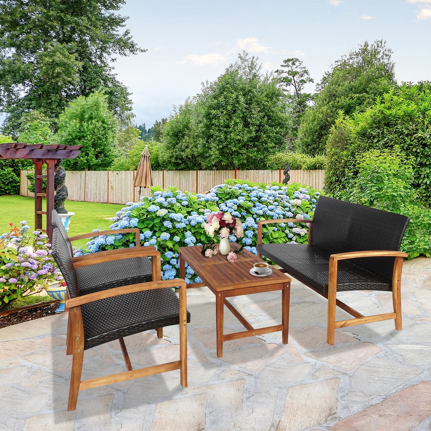 4 Pieces PE Rattan Patio Furniture Set with Acacia Wood