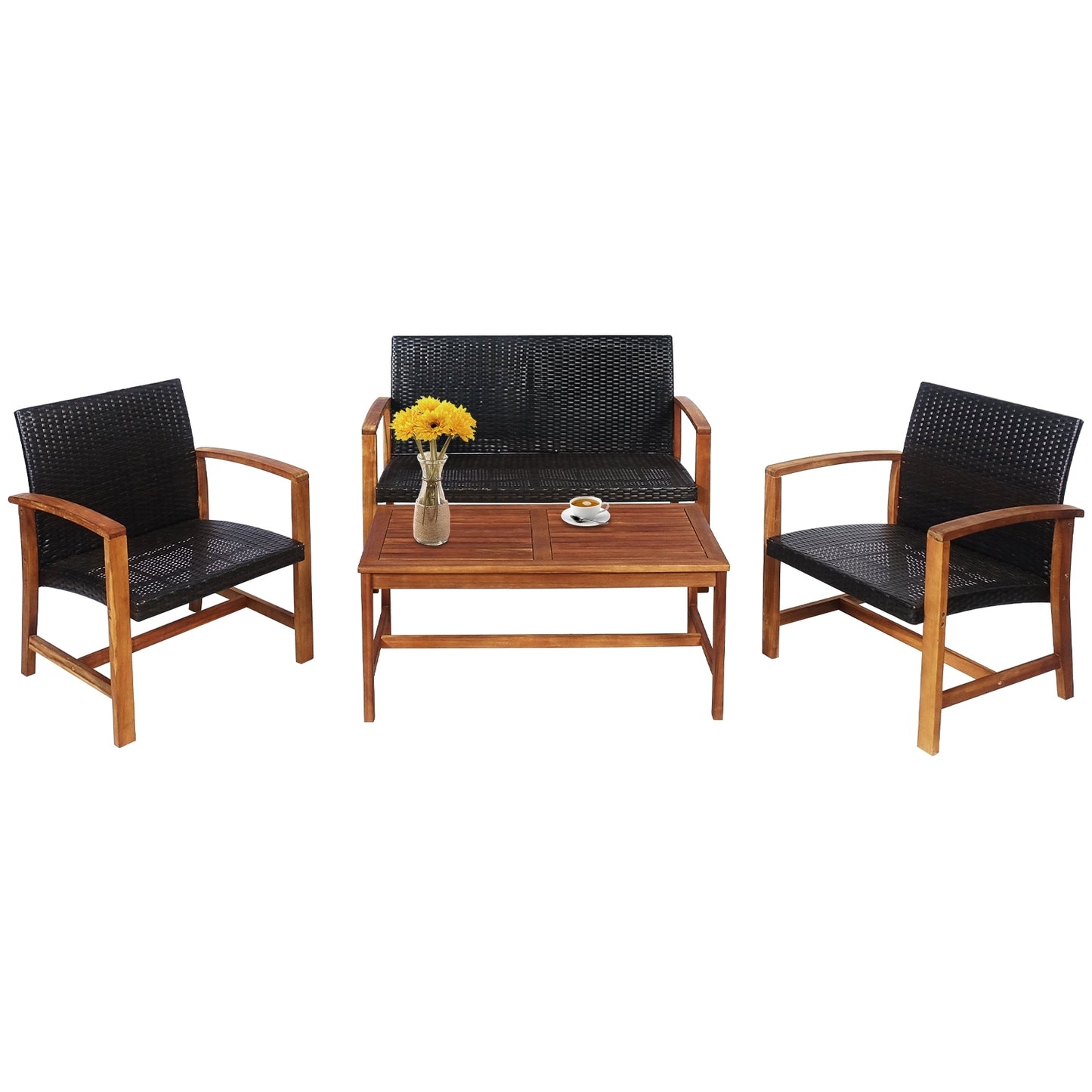 4 Pieces PE Rattan Patio Furniture Set with Acacia Wood