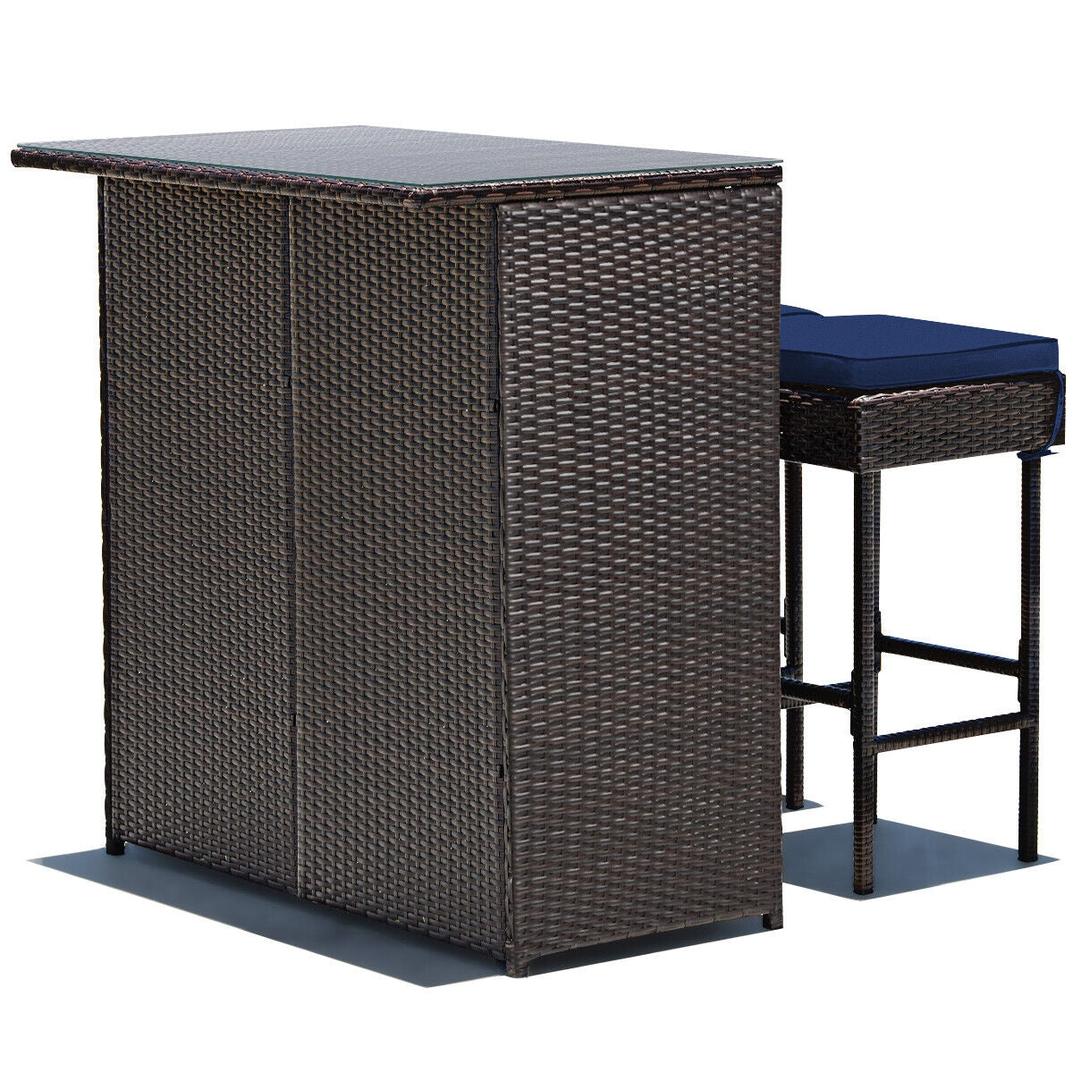 3 Pieces Patio Rattan Wicker Bar Table Stools Dining Set-Navy & Off White