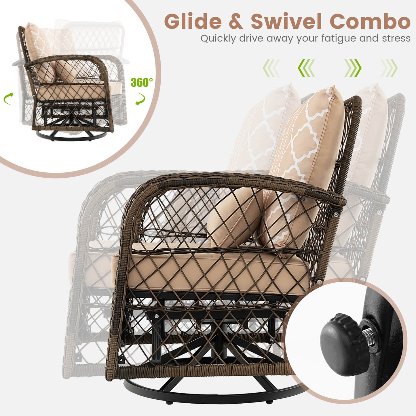 3 Pieces Outdoor Wicker Conversation Set with Tempered Glass Coffee Table-Beige