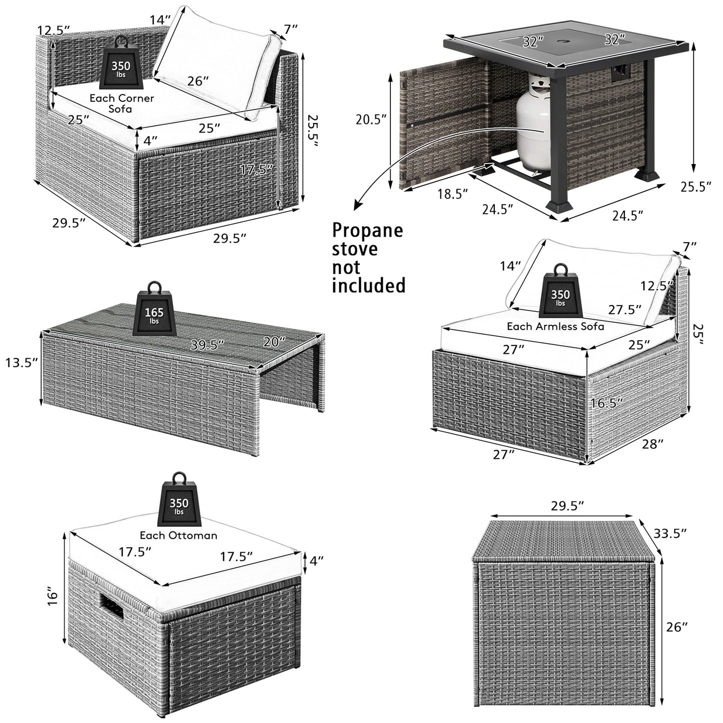 9 Pieces Outdoor Patio Furniture Set with 32-Inch Propane Fire Pit Table-Off White