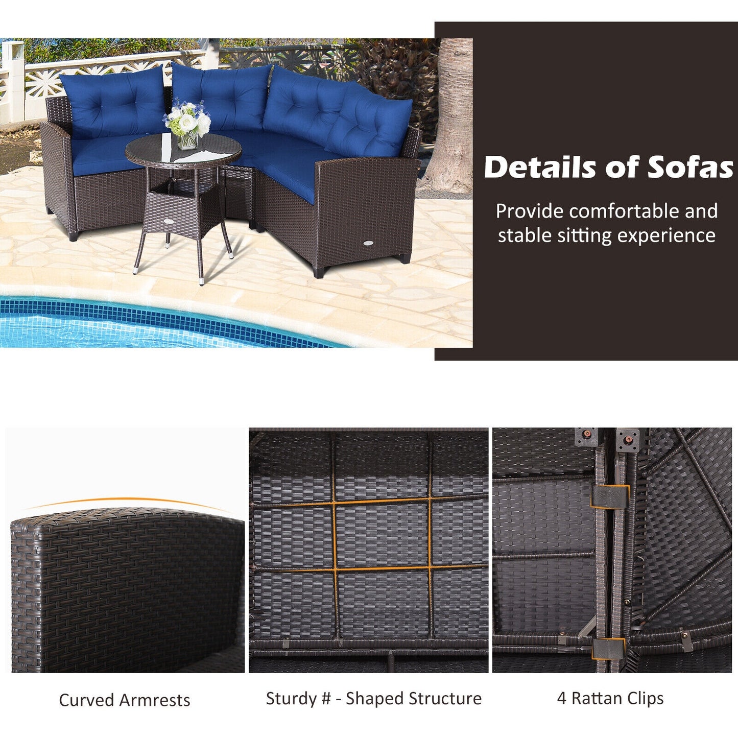 4 Pieces Patio Rattan Furniture Set Cushioned Sofa Glass Table-Navy