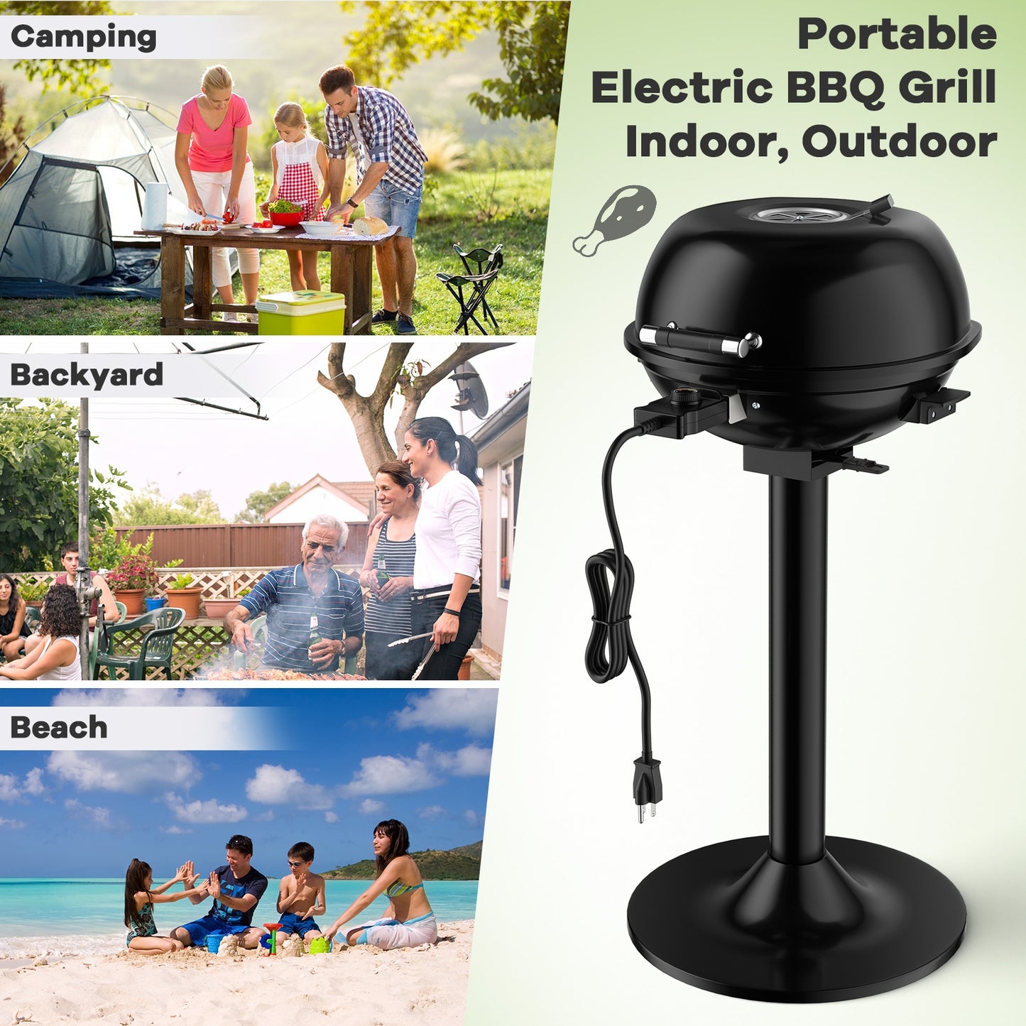 1600W Portable Electric BBQ Grill with Removable Non-Stick Rack-Black