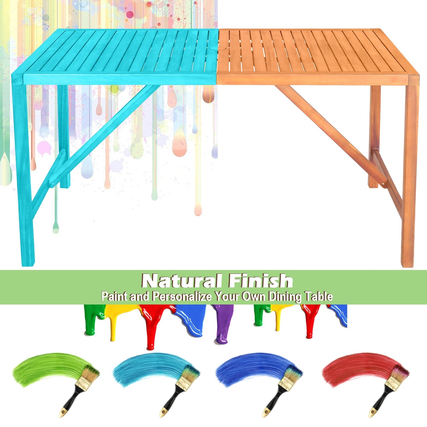 55 Inch Patio Rectangular Acacia Wood Dining Table with Umbrella Hole