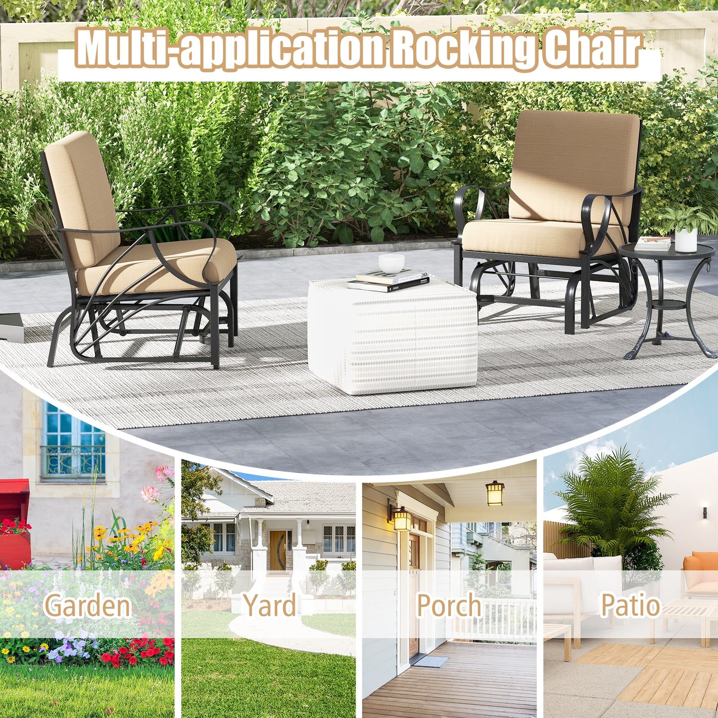 Patio Glider Rocking Chair with Thick Cushion and Curved Armrest-Tan