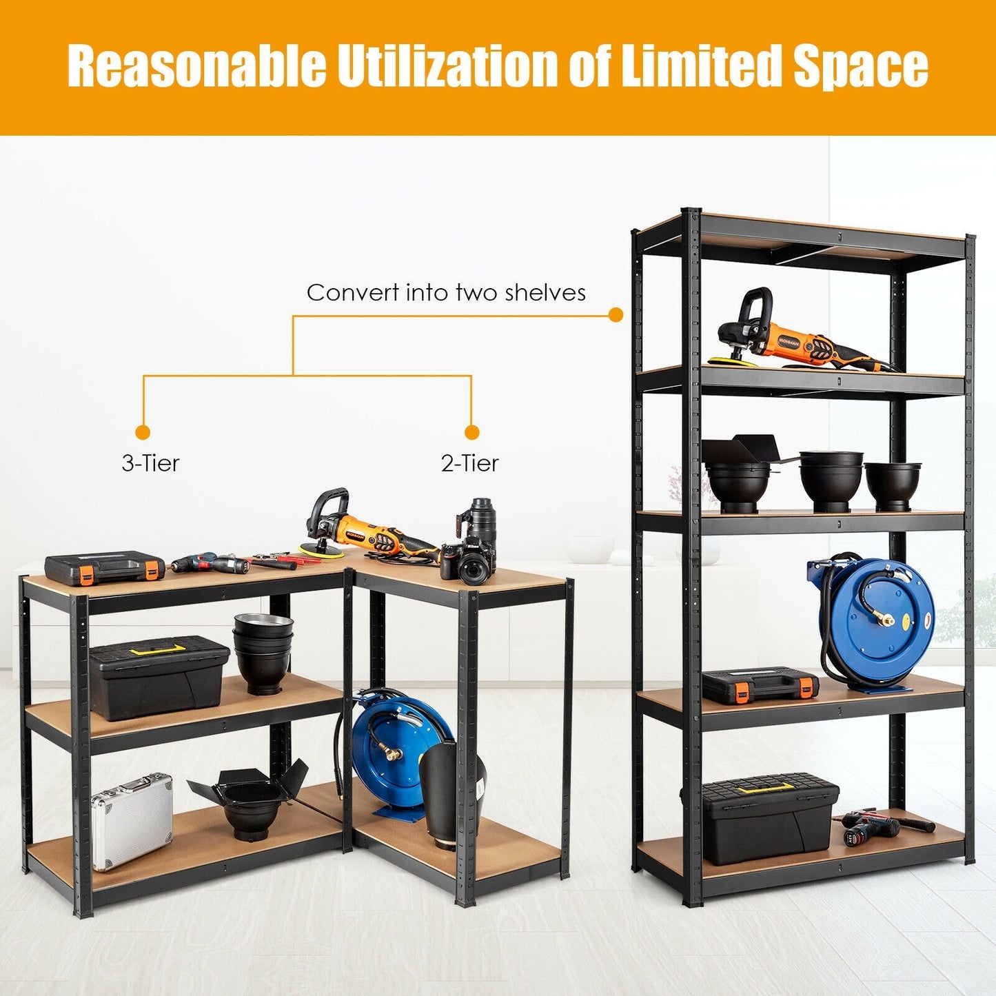 Adjust 30 x60 Inch 5 Level Garage Tool Shelf Storage-Black