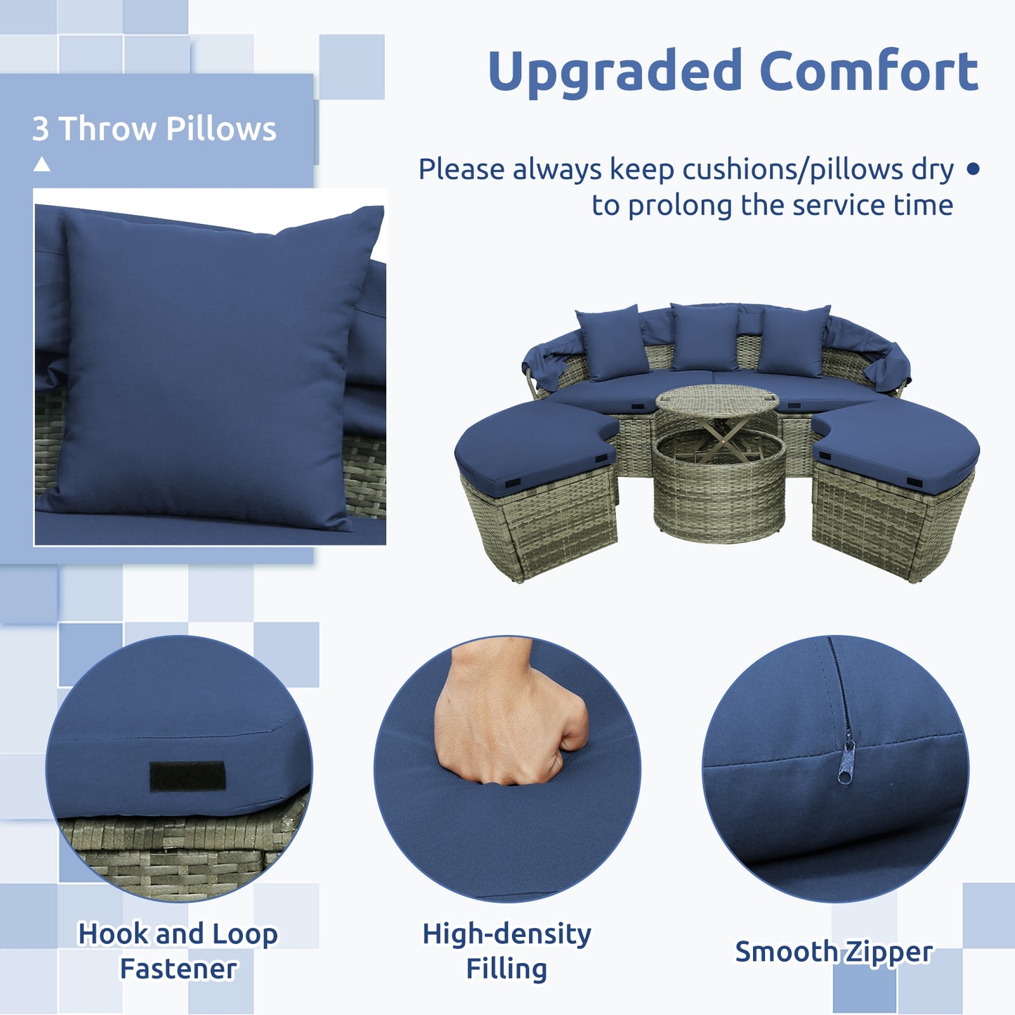 Outdoor PE Wicker Round Daybed with Retractable Canopy and Cushions-Navy