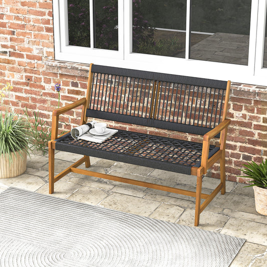 Outdoor Acacia Wood Bench with Backrest and Armrests for Outdoor