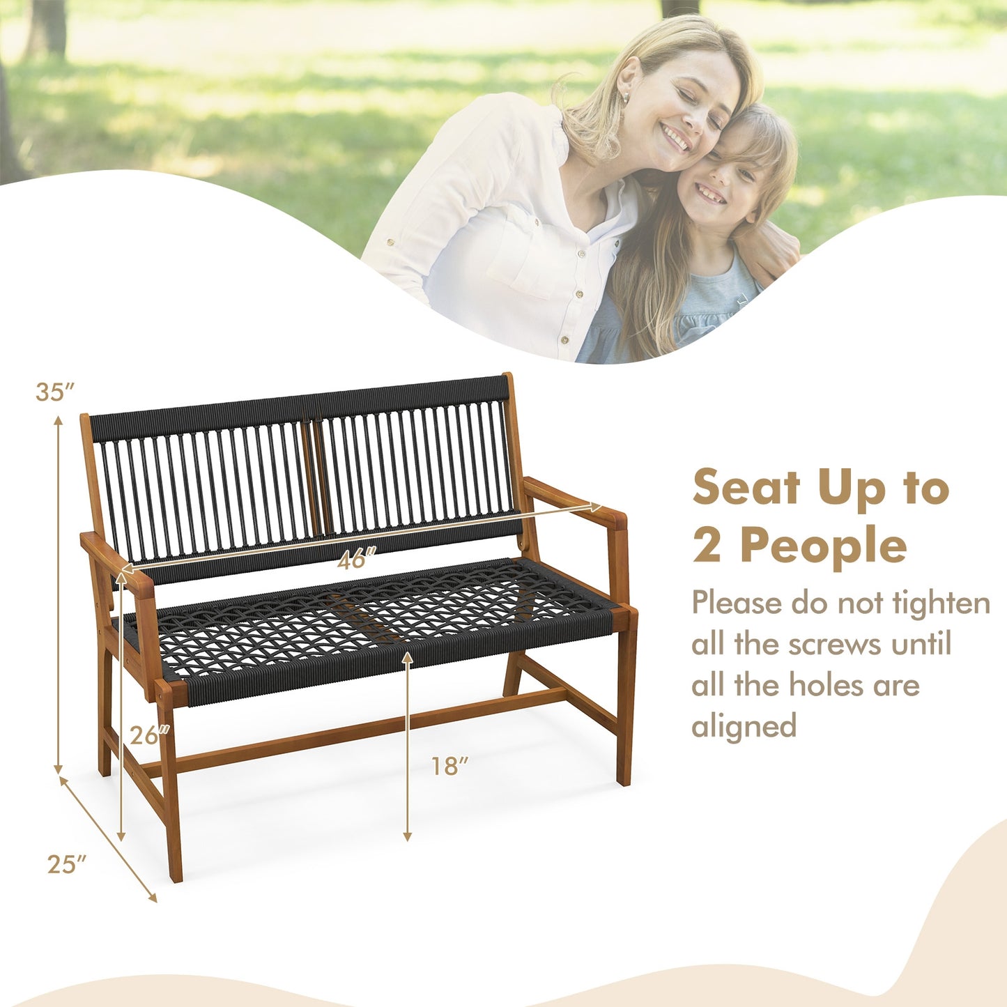 Outdoor Acacia Wood Bench with Backrest and Armrests for Outdoor
