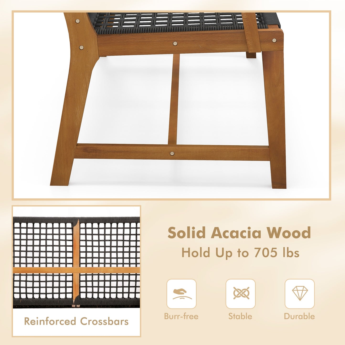 Outdoor Acacia Wood Bench with Backrest and Armrests for Outdoor