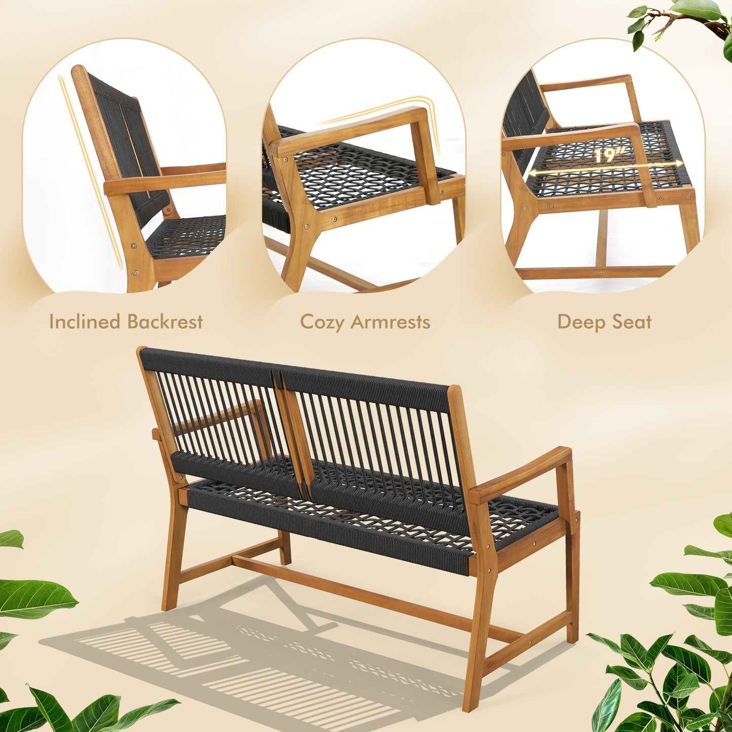 Outdoor Acacia Wood Bench with Backrest and Armrests for Outdoor