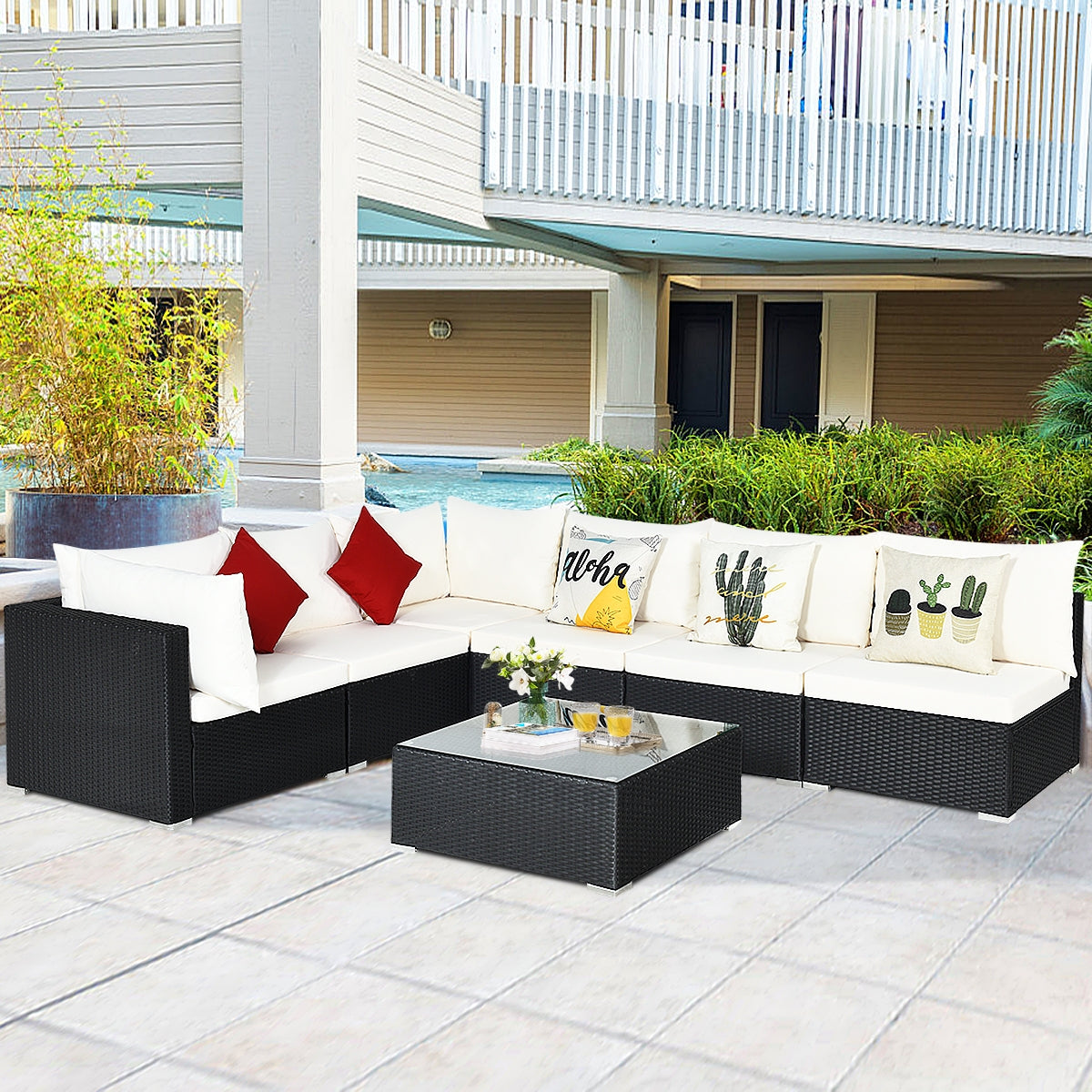 7 Pieces Sectional Wicker Furniture Sofa Set with Tempered Glass Top-Gray & Off White