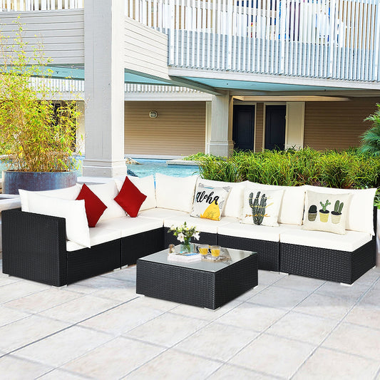 7 Pieces Sectional Wicker Furniture Sofa Set with Tempered Glass Top-Gray & Off White
