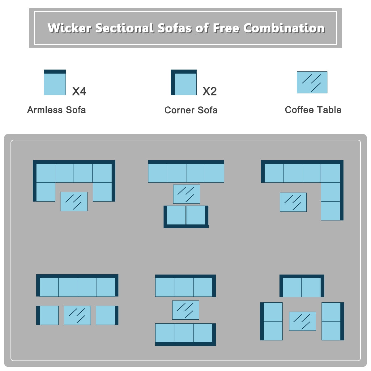 7 Pieces Sectional Wicker Furniture Sofa Set with Tempered Glass Top-Gray & Off White