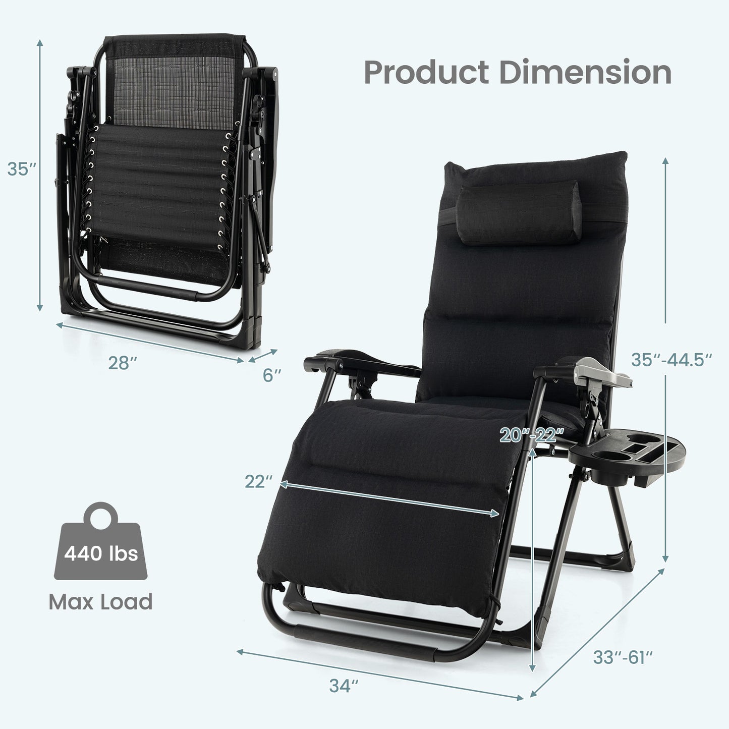 Adjustable Metal Zero Gravity Lounge Chair with Removable Cushion and Cup Holder Tray-Black
