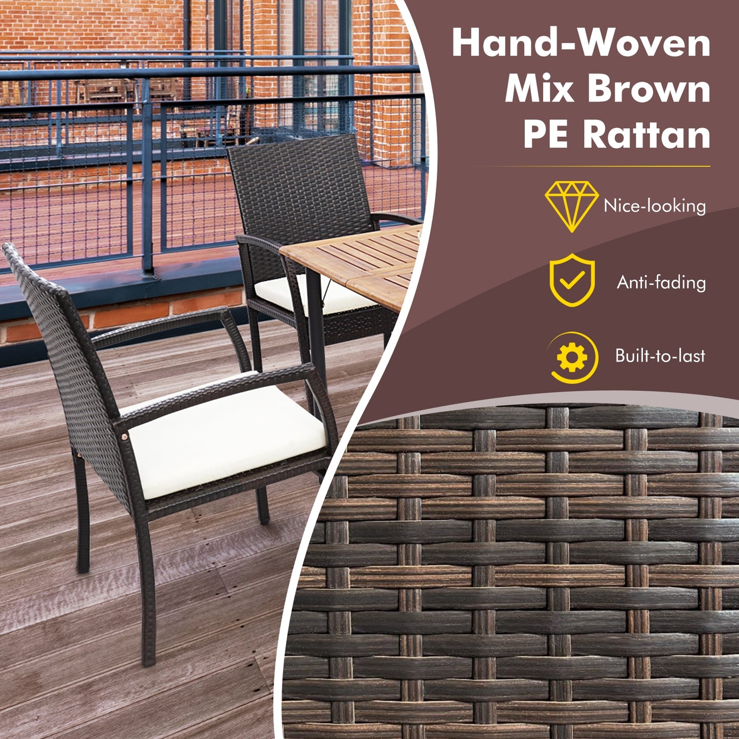 7 Pieces Patio Rattan Dining Set with Umbrella Hole-L-shaped Handrail
