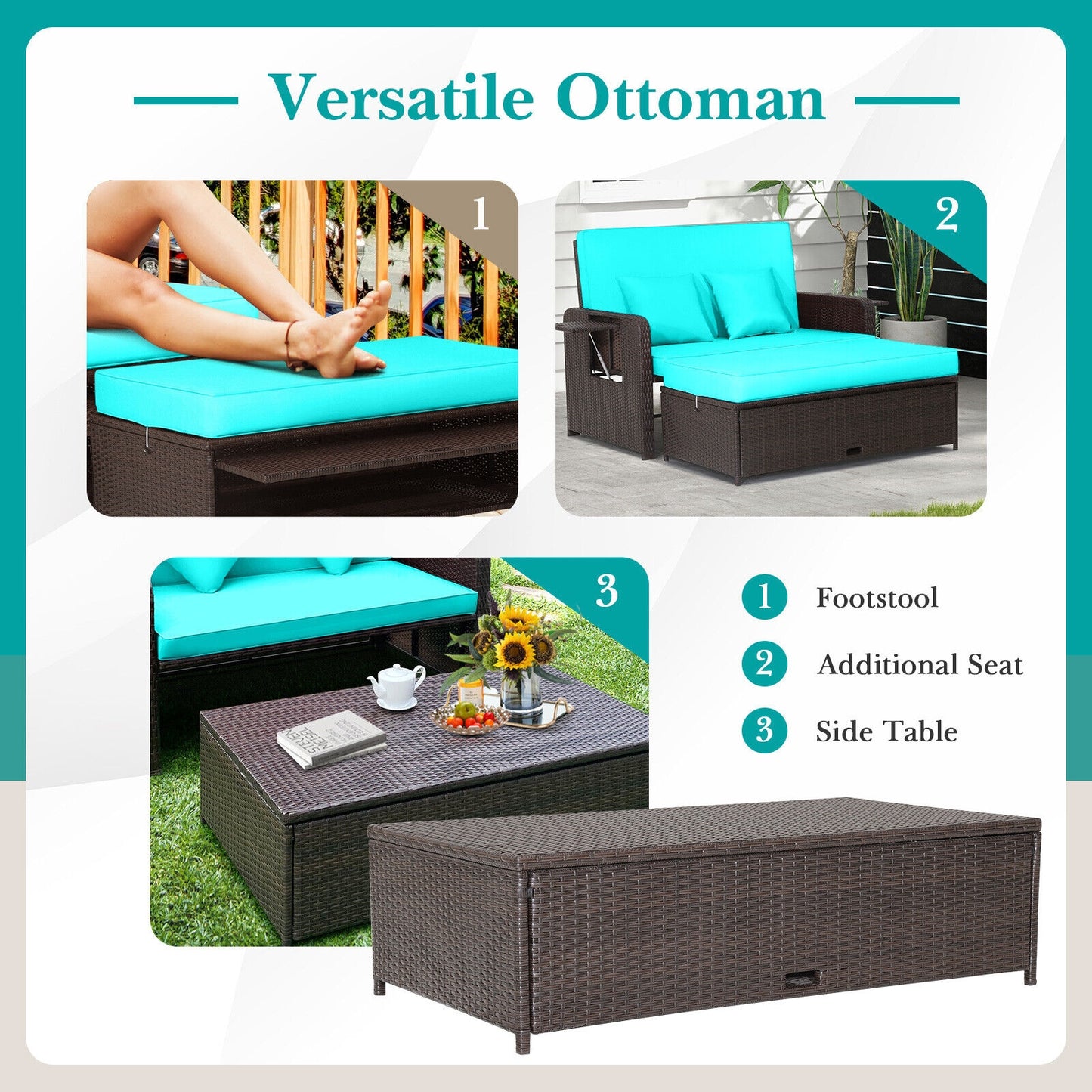 Patio Rattan Daybed with 4-Level Adjustable Backrest and Retractable Side Tray-Turquoise