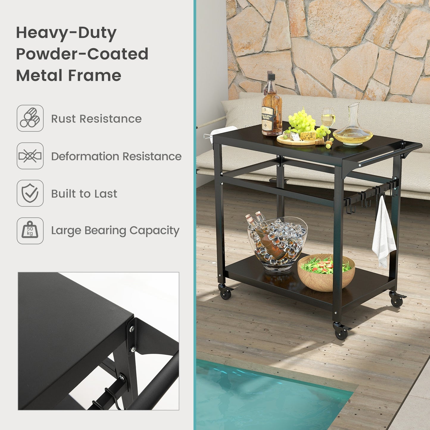 Double-Shelf Movable BBQ Cart with 4 Lockable Wheels
