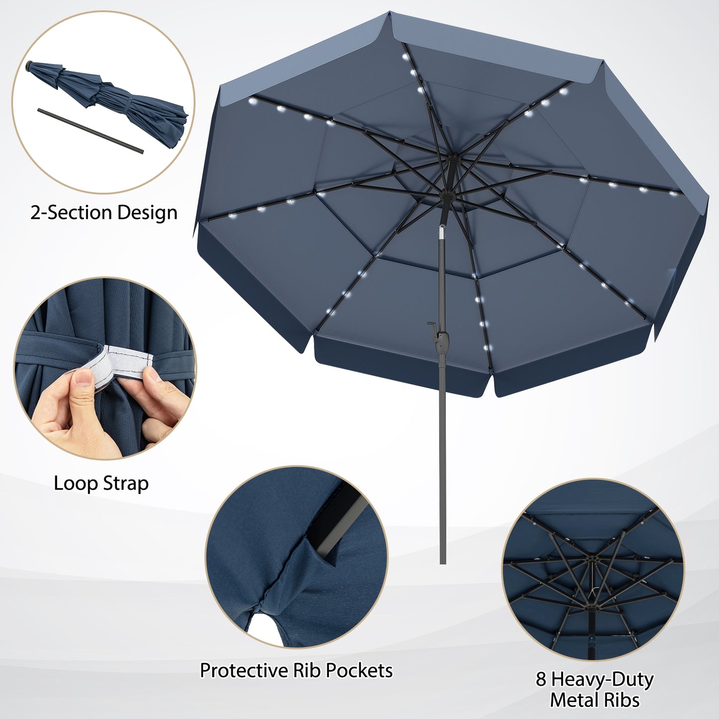 10 Feet Solar Patio Umbrella with 3-Tier Vented Top-Navy