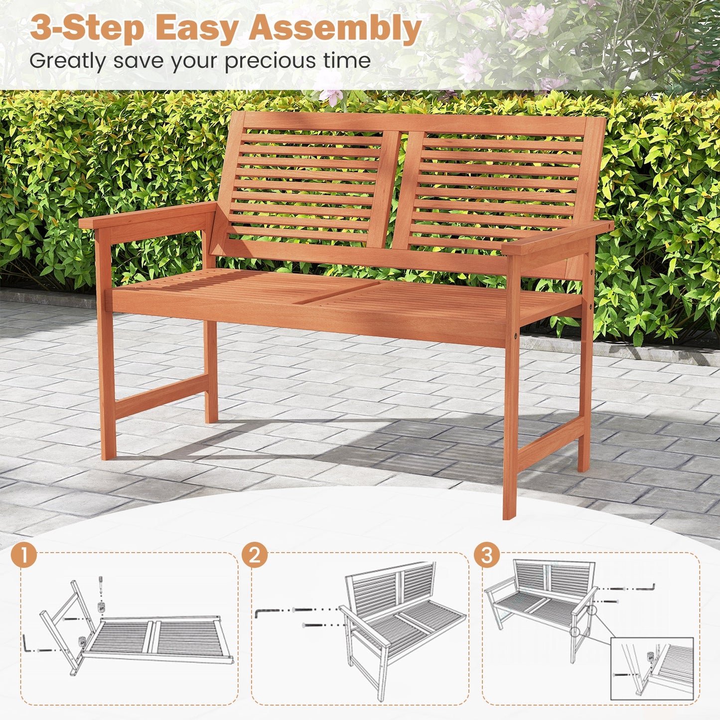 Outdoor Wooden Bench 2-Person Patio Bench with Slatted Backrest and Seat