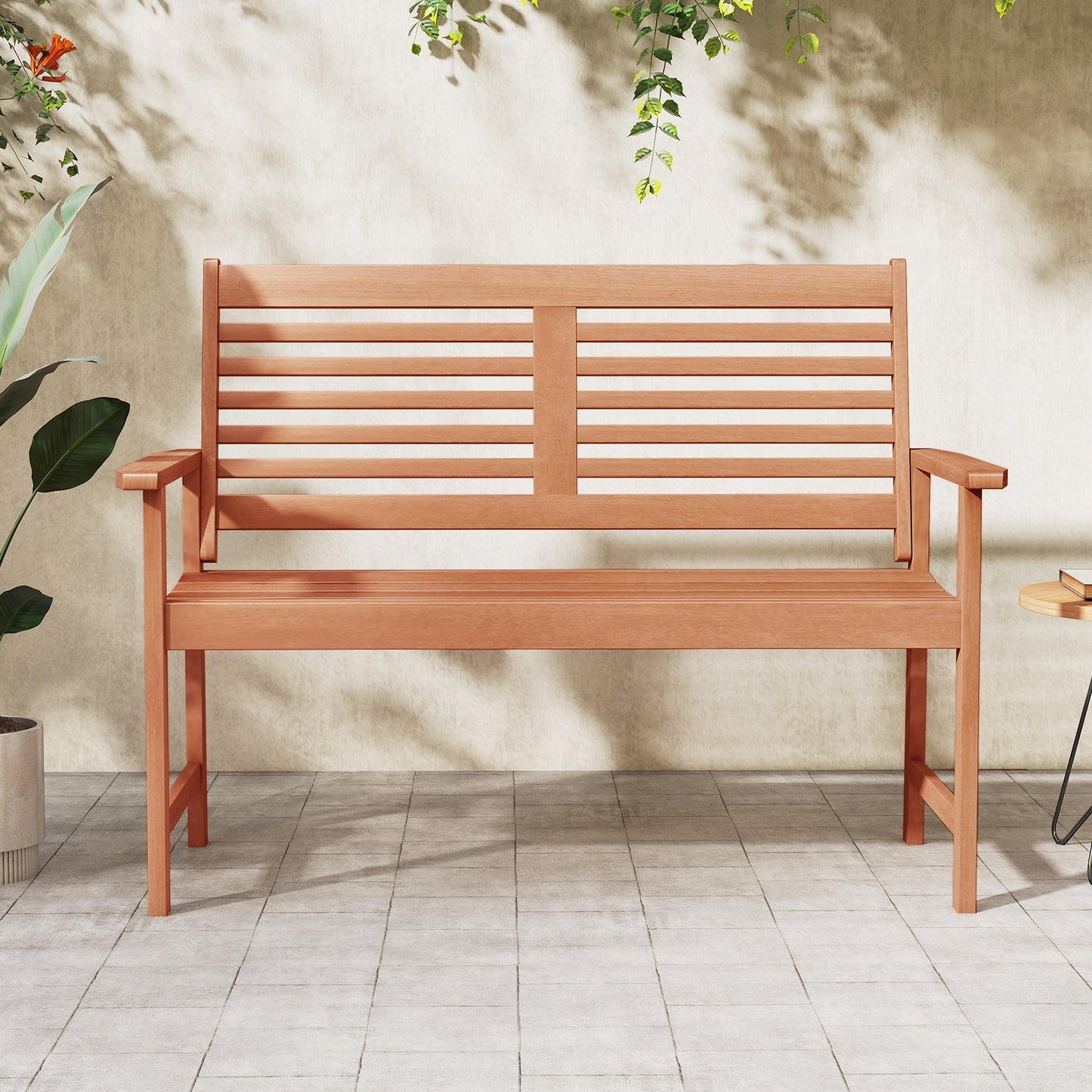 Patio Solid Wood Loveseat Outdoor 2-Seat Bench with Inclined Backrest and Slatted Seat