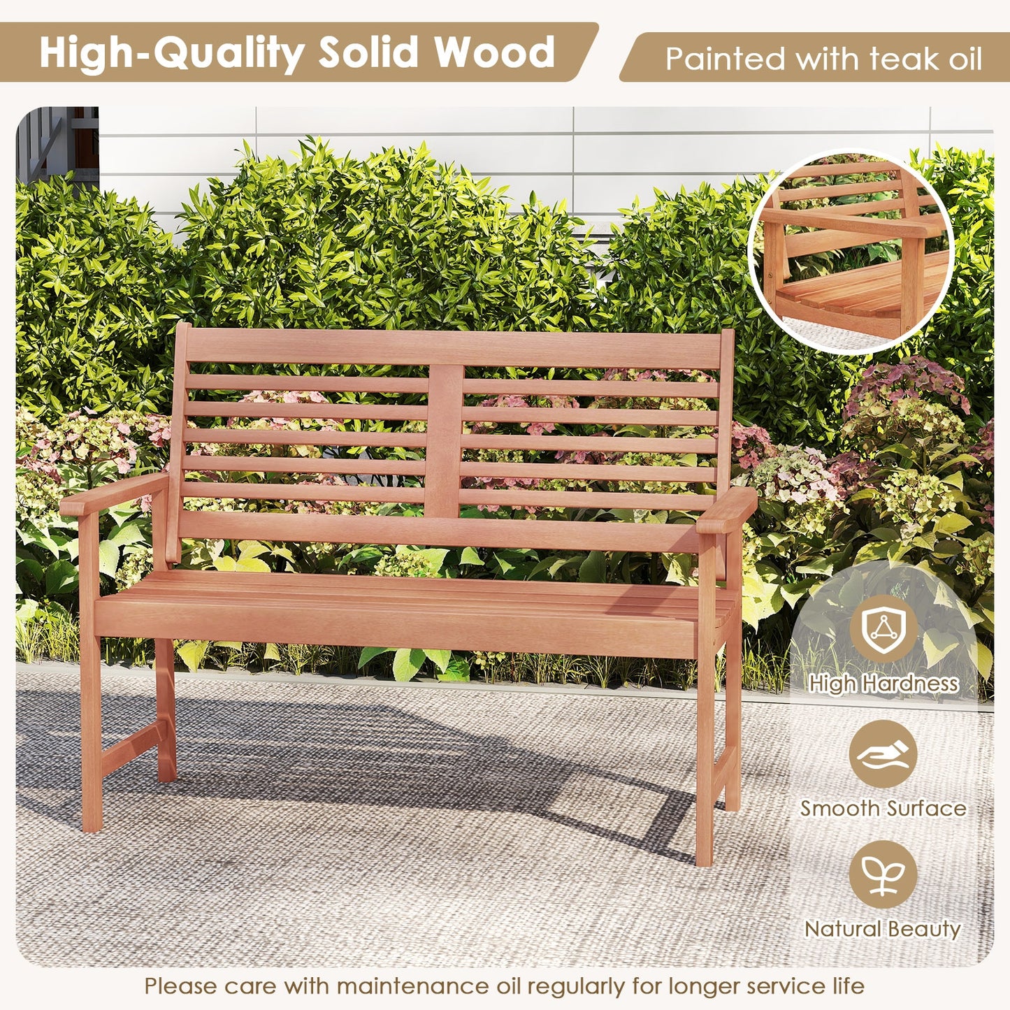 Patio Solid Wood Loveseat Outdoor 2-Seat Bench with Inclined Backrest and Slatted Seat
