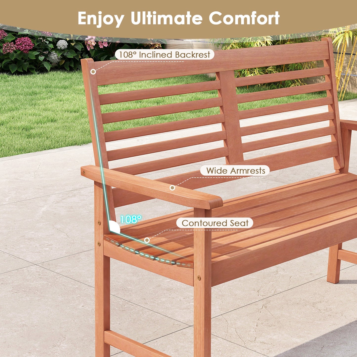 Patio Solid Wood Loveseat Outdoor 2-Seat Bench with Inclined Backrest and Slatted Seat