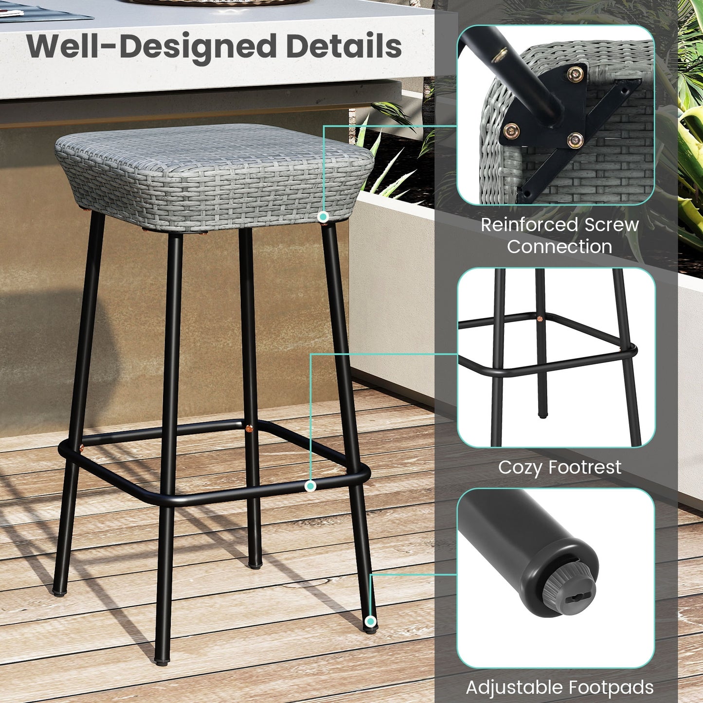 29.5 Inches Patio Bar Stools Set of 2 with Rattan Seat and Footrest