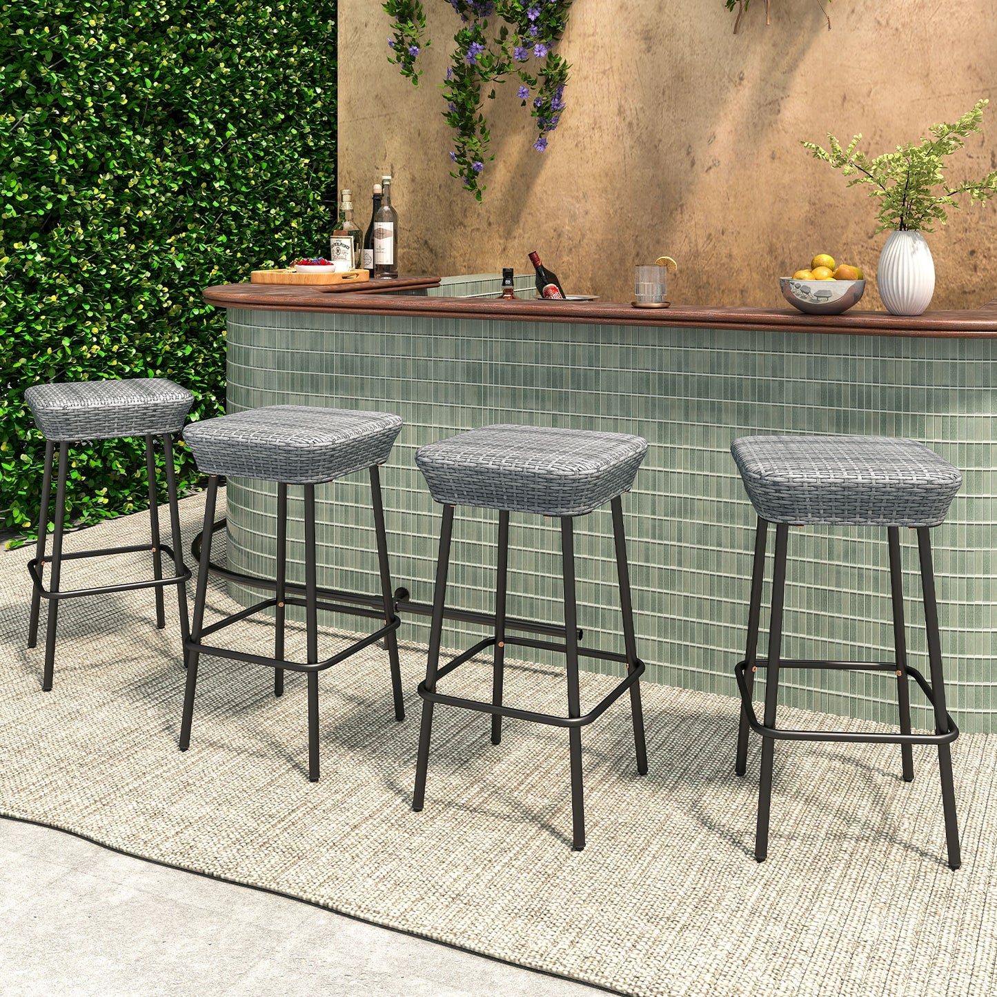 29.5 Inches Patio Bar Stools Set of 2 with Rattan Seat and Footrest