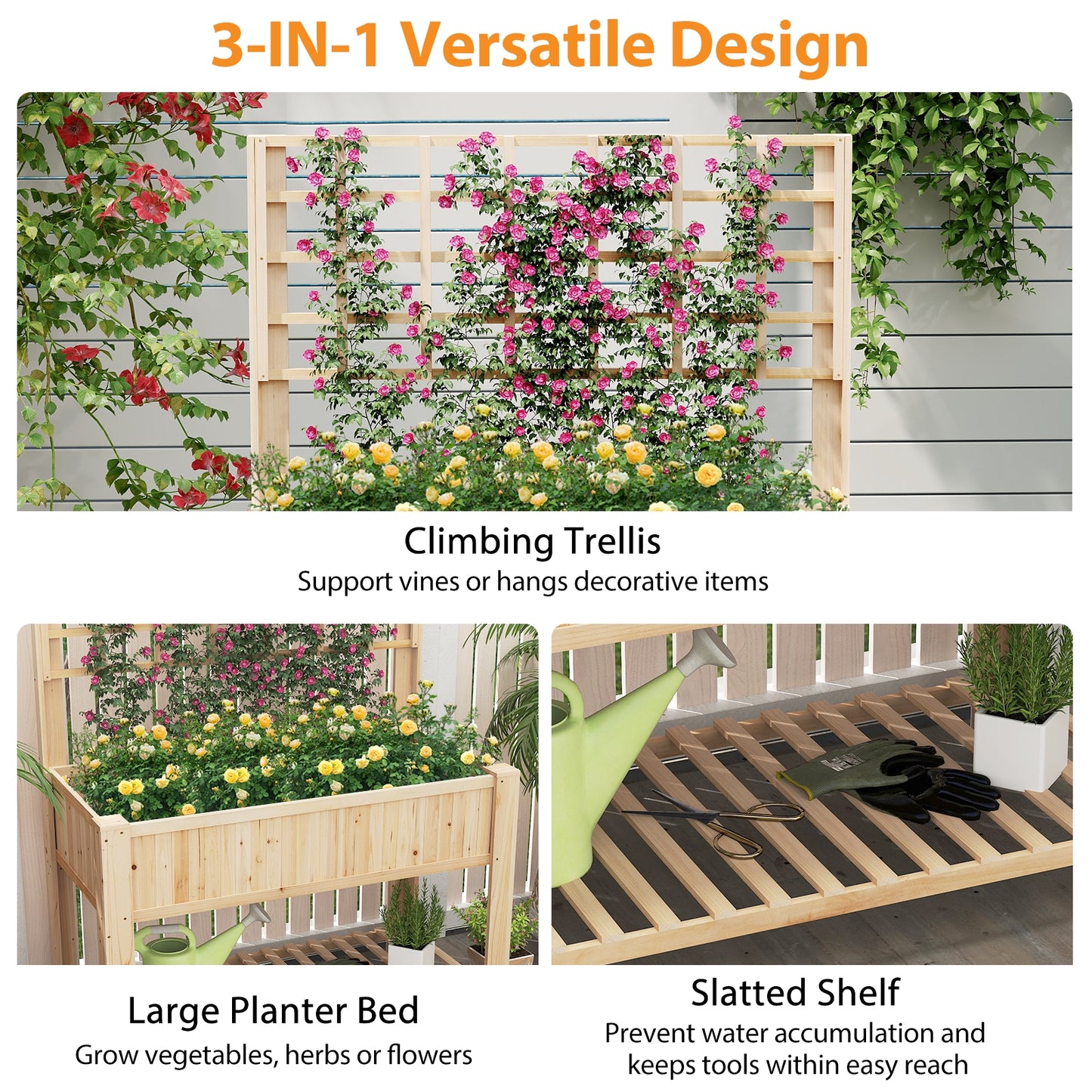 Raised Garden Bed with Trellis Wooden Elevated Planter Box with Legs-Natural