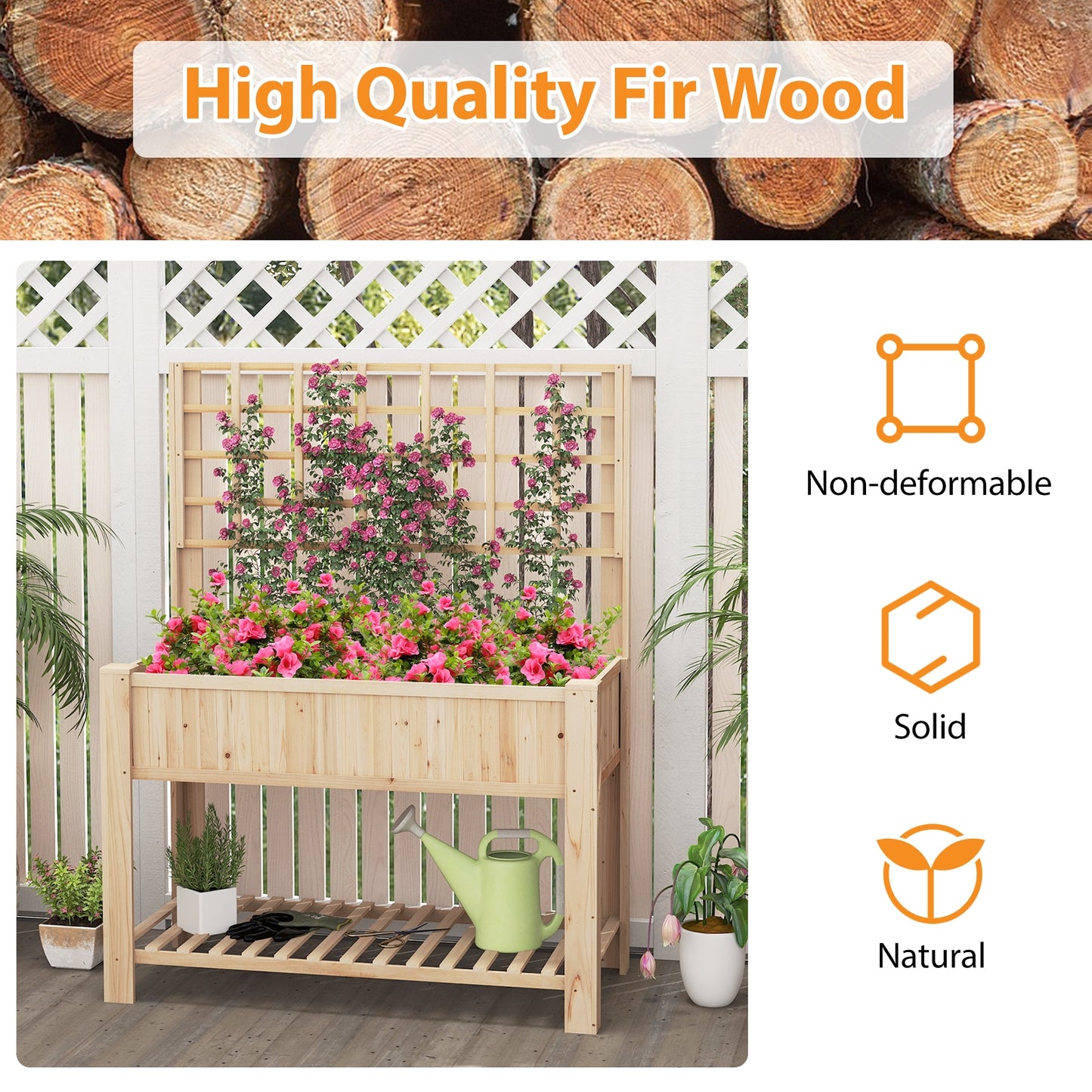 Raised Garden Bed with Trellis Wooden Elevated Planter Box with Legs-Natural