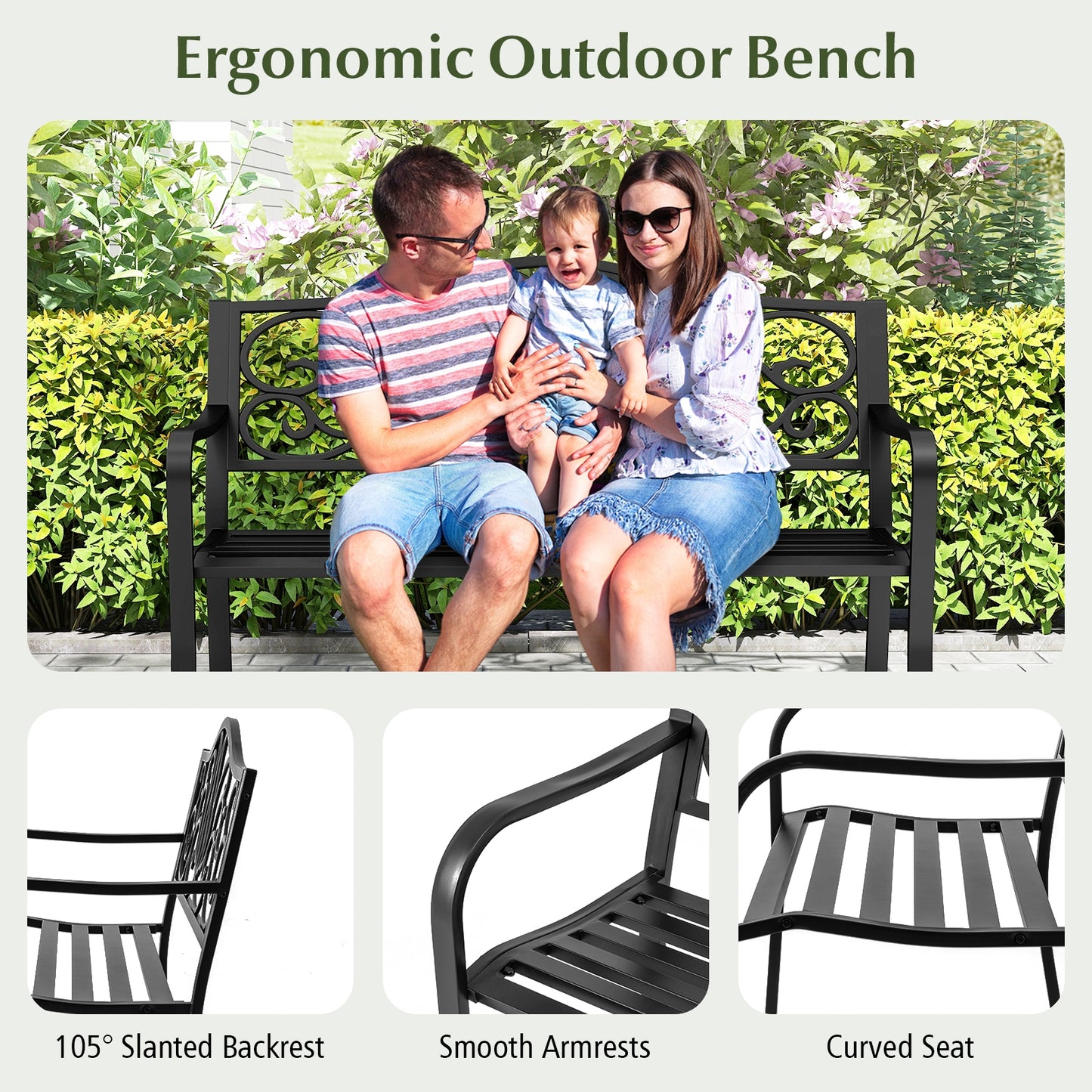 50 Inches Outdoor Garden Bench with Floral Design Backrest and Slatted Seat-Black