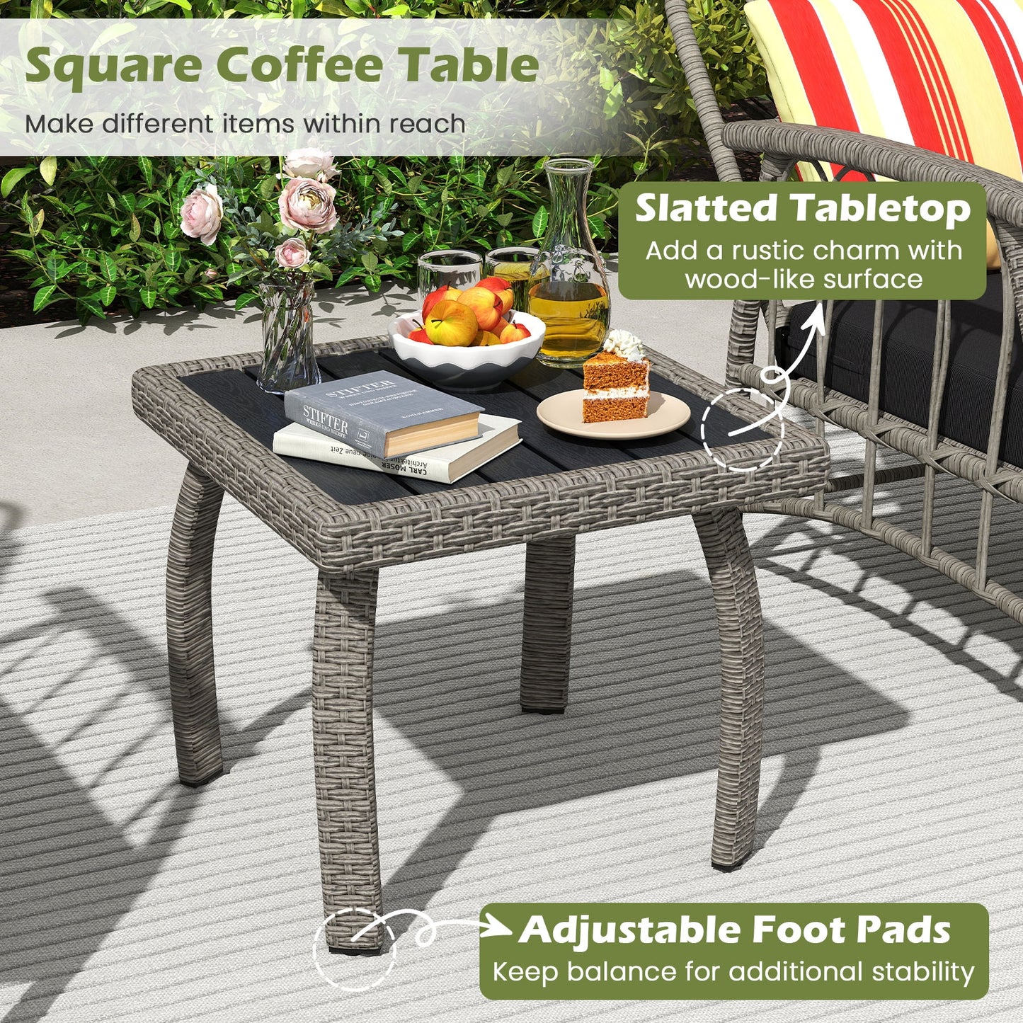 3 Pieces Patio PE Wicker Furniture Set with 5-Level Adjustable Backrest-Gray