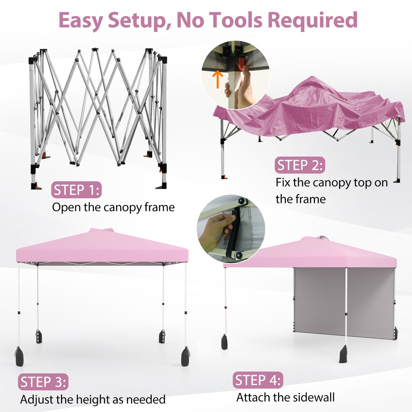 10 X 10 FT Pop up Canopy Tent with 1 Sidewall and Wheeled Bag-Pink