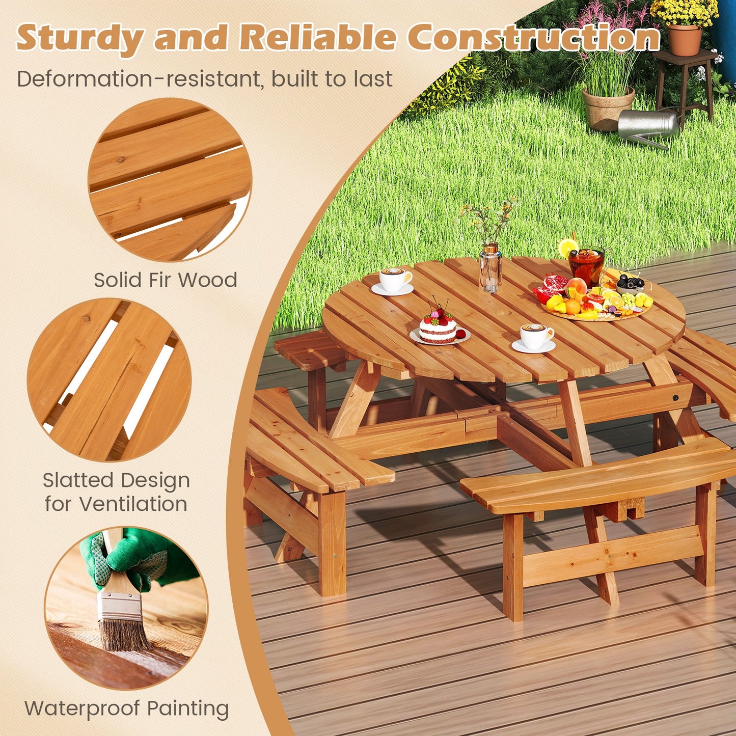 8-Person Round Picnic Table Set Circular Patio Dining Camping Table with Benches-Yellow
