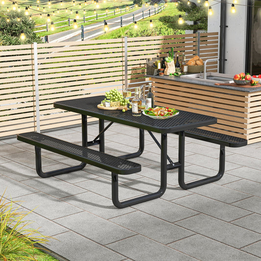 An outdoor picnic table and bench set for 8 people with a black metal frame and mesh grid tabletop, placed on a paved area with a wooden fence in the background.